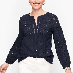 100% Cotton Talbots Eyelet Button Front Top Navy Blue Size S